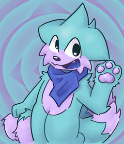 3_fingers 4_tails abstract_background ambiguous_gender anthro blue_clothing blue_tongue cheek_tuft clothing dipstick_tail facial_tuft fingers fur markings multi_tail open_mouth pawpads purple_body purple_chest purple_fur round_nose solo standing tail tail_markings teal_body teal_fur tongue toony tooth_showing tuft waving_hand shimpleshe furflow_(thatonefurryeverywhere) canid mammal unknown_species hi_res