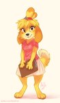 anthro blonde_hair bottomwear clipboard clothed clothing eyelashes female front_view fur glistening glistening_eyes hair hair_bell holding_clipboard holding_object looking_at_viewer monotone_bottomwear monotone_clothing monotone_skirt orange_body orange_eyes orange_fur pink_clothing pink_topwear simple_background skirt smile solo standing text topwear white_background white_bottomwear white_clothing white_skirt yellow_body yellow_fur mylafox animal_crossing nintendo isabelle_(animal_crossing) canid canine canis domestic_dog mammal 2020 dated full-length_portrait hi_res portrait signature url