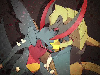 ambiguous_gender angry axe claws duo eyes_closed fangs feral melee_weapon open_mouth smile standing teeth weapon yellow_eyes unknown_artist nintendo pokemon garchomp generation_4_pokemon generation_5_pokemon haxorus pokemon_(species) 4:3