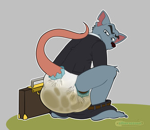 annoyed anthro bodily_fluids clothing diaper feces genital_fluids leg_guard_peekage male pooping soiled_diaper soiling soiling_diaper solo suit unclean_diaper urine used_diaper using_diaper wet wet_diaper wetting wetting_diaper possumkiddo gary_the_rat mammal murid murine rat rodent 2025 absurd_res hi_res