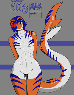 andromorph anthro big_eyes big_tail blue_hair blue_stripes curvy_figure fin hair hands_behind_back intersex orange_body orange_skin solo stripes tail tail_fin thick_thighs thigh_gap voluptuous voluptuous_intersex white_body white_skin wide_hips rojblue changed_(video_game) fan_character aquatic canid canine fish fox mammal requiem_shark shark tiger_shark absurd_res hi_res