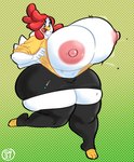 airborne_object anthro areola beak big_breasts breasts button_(fastener) button_pop clothed clothing female huge_breasts hyper hyper_breasts legwear nipples non-mammal_breasts non-mammal_nipples open_clothing open_shirt open_topwear pink_nipples shirt solo thick_thighs thigh_highs topwear unbuttoned wardrobe_malfunction white_body gammanaut avian bird chicken galliform gallus_(genus) phasianid absurd_res hi_res