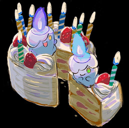 ambiguous_gender birthday_cake blue_fire cake candle colored_fire dessert duo fire food fruit green_eyes one_eye_obstructed open_mouth plant purple_fire simple_background strawberry white_body yellow_eyes 1south3927 nintendo pokemon animate_inanimate generation_5_pokemon litwick pokemon_(species) 2021 hi_res