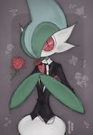 anthro biped black_clothing black_suit blue_body bottomless chain clothed clothing flower green_body heart_symbol male mouthless multicolored_body necktie plant pupils red_eyes red_spikes rose_(flower) slit_pupils solo spikes spikes_(anatomy) standing suit white_body deinovolt nintendo pokemon gallade generation_4_pokemon pokemon_(species) 2024 colored digital_drawing_(artwork) digital_media_(artwork) english_description half-length_portrait hi_res line_art portrait signature