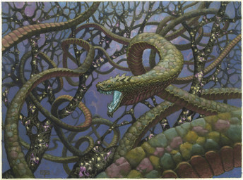 ambiguous_gender branch feral green_body green_scales green_teeth long_body open_mouth scales sharp_teeth simple_background solo teeth mark_zug hasbro magic:_the_gathering wizards_of_the_coast koma_(magic:_the_gathering) reptile scalie snake hi_res official_art signature traditional_media_(artwork)
