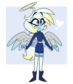 back_wings blonde_hair blue_body blue_eyes blue_hair blue_skin bow_ribbon clothing feathered_wings feathers female floating_eyebrows gradient_hair hair halo heart_symbol legwear long_hair ponytail smile solo thigh_highs waist_ribbon wings silverart hellaverse fan_character angel angel_humanoid humanoid hi_res