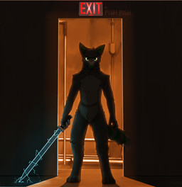 4_fingers 4_toes anthro black_body black_fur chevron_(marking) cracked_ground crotch_tuft dark detailed_background doorway electric_sword electricity exit_sign eyebrows feet fingers frowning_at_viewer fur glowing glowing_eyes green_body green_eyes green_fur green_nose grey_body grey_chest grey_fur head_tuft inside looking_at_viewer lore male markings melee_weapon neck_tuft nude orange_background paws science_fiction shadow sign simple_background solo standing sword tail tail_markings toes tuft weapon yellow_sclera pish_posh ascii_fiffendahl canid canine canis mammal wolf dark_theme hi_res