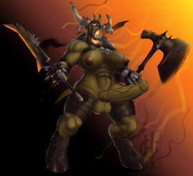 abs anthro armor axe balls biceps big_breasts big_penis breasts cleavage clothed clothing dual_wielding facial_piercing gauntlets genitals gloves gynomorph handwear holding_object holding_weapon hooves horn intersex melee_weapon muscular muscular_anthro muscular_thighs nipples nose_piercing nose_ring open_mouth penis piercing ring_piercing serratus solo triceps vein veiny_penis weapon heid_(artist) european_mythology greek_mythology mythology warhammer_(franchise) warhammer_fantasy taurox_the_brass_bull beastman_(warhammer) bovid bovine mammal minotaur absurd_res hi_res