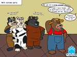 anthro anthro_on_anthro black_body bottomwear brown_body clothing cuckold dialogue eyes_closed facial_hair farmer group male male/male mustache overalls pants redneck shirt slightly_chubby speech_bubble text topwear white_body grolarbearsins bear mammal polar_bear short-faced_bear spectacled_bear ursine 2021 english_text hi_res