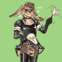 anthro armwear balls blush bodily_fluids bottomwear breath brown_body brown_fur brown_hair chastity_cage chastity_device cleaning_tool clothed clothing clothing_lift collar crossdressing embarrased_horny embarrassed embarrassed_male embarrassing_exposure feather_duster fur genitals gloves hair handwear latex latex_armwear latex_clothing latex_gloves latex_handwear latex_legwear latex_stockings legwear long_ears maid_headdress maid_uniform male metal_chastity_cage no_underwear notched_ear panting pose raised_arm raised_bottomwear raised_clothing raised_skirt rubber_maiden sheath_cage short_tail skirt skirt_lift slim_male solo stockings sweat tail uniform wearing_chastity_cage wearing_chastity_device junkieboi roskuro hare lagomorph leporid mammal 1:1 hi_res