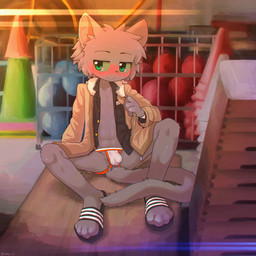 4_toes anthro biped black_clothing black_eyebrows black_footwear black_sandals blush blush_lines bulge closed_smile clothing eyebrows feet fingers footwear fur green_eyes green_sclera grey_body grey_fur half-closed_eyes jacket jockstrap kemono looking_aside male mouth_closed narrowed_eyes navel plantigrade sandals shoes shota sitting sitting_on_ground smile solo tail tan_clothing tan_jacket tan_topwear toes topwear underwear young young_anthro young_male tabby_x2 hare_(rak17171771) domestic_cat felid feline felis mammal russian_blue 1:1 absurd_res hi_res