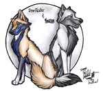 ambiguous_gender black_body black_fur black_text blue_body blue_fur brown_body brown_fur duo feral fur grey_body grey_fur paws simple_background sitting smile snout tail text unknown_artist unknown_artist_signature canid canine canis mammal wolf 2001 character_name dated digital_media_(artwork) shaded signature