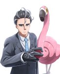 beak black_beak black_clothing black_eyebrows black_gloves black_hair black_handwear blue_necktie clothed clothing duo elite_four eyebrows feral gloves grey_hair gym_leader hair handwear holding_object multicolored_hair necktie pink_body simple_background suit two_tone_hair white_background itsukinozumi nintendo pokemon larry_(pokemon) flamigo generation_9_pokemon human mammal pokemon_(species) 2023 hi_res