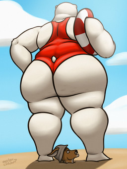 anthro beach big_butt buried buried_in_sand butt clothing duo female fur hat headgear headwear lifeguard lifeguard_swimsuit lifesaver looking_up male male/female one-piece_swimsuit overweight overweight_anthro overweight_female sand slightly_chubby slightly_chubby_anthro slightly_chubby_female standing swimwear thick_thighs white_body white_fur white_skin oystercatcher7 joey_(oystercatcher7) natasha_(oystercatcher7) bear deer mammal polar_bear ursine hi_res
