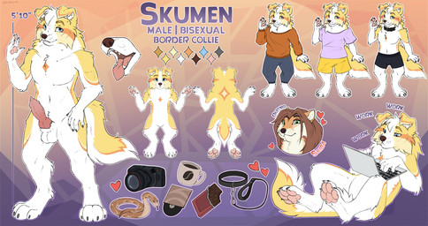 anthro balls beverage bisexual blue_eyes bottomwear camera candy cheek_tuft chocolate clothing coffee coffee_cup collar computer container cup dessert electronics facial_tuft female fluffy fluffy_tail food fur genitals gift knot language laptop long_tail male neck_tuft pants paws penis semi-anthro shirt shorts shy snout solo sweater t-shirt tail teeth topwear tuft vinyl_record yellow_body yellow_fur skibaparker border_collie canid canine canis collie domestic_dog herding_dog mammal pastoral_dog reptile scalie sheepdog shiba_inu snake spitz hi_res model_sheet