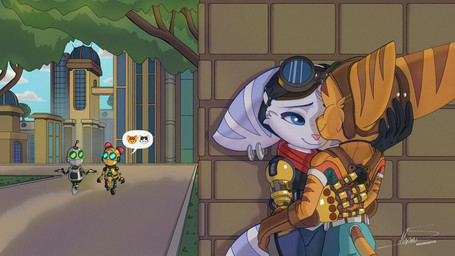 anthro bedroom_eyes blue_eyes brown_nose clothed clothed_female clothed_male clothing duo_focus ear_piercing ear_ring eyewear eyewear_on_head female fluffy fluffy_tail fur gloves goggles goggles_on_head group handwear machine male male/female markings narrowed_eyes piercing red_scarf ring_(marking) ring_piercing ringed_tail scarf seductive striped_markings striped_tail stripes tail tail_markings thin_tail white_body white_fur yellow_body yellow_fur maximuseditor ratchet_and_clank sony_corporation sony_interactive_entertainment clank_(ratchet_and_clank) kit_(ratchet_and_clank) ratchet_(ratchet_and_clank) rivet_(ratchet_and_clank) lombax mammal robot 16:9 hi_res widescreen