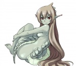 anthro biped breasts dragon feet female frown green_body green_skin humanoid_pointy_ears looking_at_viewer monster_girl_(genre) mythological_creature mythological_scalie mythology non-mammal_breasts nude rokusaka ryuujin_no_senpai scales scalie simple_background solo tail white_background