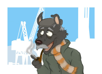 anthro blind clothing coat crane_(machine) disability elderly facial_hair hat headgear headwear male mature_male mustache pier pipe scarf smoking smoking_pipe solo topwear tweed_cap fluffypunk canid canine canis domestic_dog hunting_dog mammal scottish_terrier terrier absurd_res hi_res