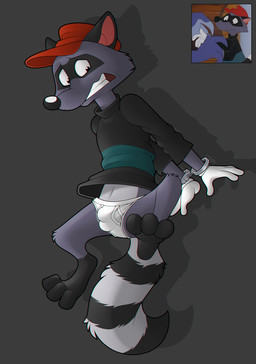 3_toes 4_fingers anthro barefoot biped black_body black_clothing black_eyes black_fur black_shirt black_topwear boxer_briefs bulge clenched_teeth clothed clothing cuff_(restraint) detailed_bulge facial_markings feet fingers fur gloves green_clothing green_shirt green_topwear grey_body grey_fur handcuffed handcuffs hands_behind_back handwear hat head_markings headgear headwear looking_back looking_down male male_anthro markings mask_(marking) metal_cuffs pantsless pink_inner_ear red_clothing red_hat red_headwear restraints shirt solo striped_body striped_fur striped_markings striped_tail stripes tail tail_markings teeth toes topwear underwear white_body white_clothing white_fur white_gloves white_handwear white_underwear fernley disney the_lion_king the_lion_king's_timon_&_pumbaa mammal procyonid raccoon 2022 hi_res