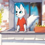 1:1 anthro arctic_fox balcony black_nose blue_eyes canid canine cheek_tuft clothed clothing detailed_background digital_media_(artwork) disney enginetrap facial_tuft female flower fox fur glass head_tuft hi_res light lighting mammal neck_tuft outside plant plant_pot potted_plant shaded shirt skye_(zootopia) smile solo sunlight t-shirt tail topwear true_fox tuft white_body white_fur window zootopia