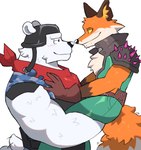 anthro blush carrying_another carrying_partner duo eye_contact fur hug looking_at_another male male/male orange_body orange_fur smile white_body white_fur sparklesart_2 epic_games fortnite fennix_(fortnite) polar_patroller bear canid canine fox mammal polar_bear red_fox true_fox ursine hi_res