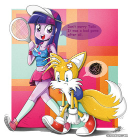 abstract_background anthro backpack bag band-aid bandage blue_eyes bottomwear breasts clothing cutie_mark dialogue duo female footwear hair hat headgear headwear legwear male miniskirt multi_tail multicolored_hair purple_body purple_eyes purple_hair purple_skin racket shirt shoes simple_background skirt sneakers socks tail tank_top tennis_racket text topwear visor_cap the-butcher-x equestria_girls hasbro my_little_pony sega sonic_the_hedgehog_(series) miles_prower twilight_sparkle_(eg) canid canine fox human mammal 2013 crossover english_text