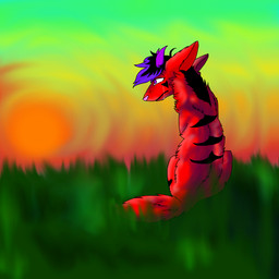 ambiguous_gender black_markings bodily_fluids crying feral fur grass hair horn markings multicolored_hair outside plant purple_eyes red_body red_fur sad sitting solo stripes sun sunset tears two_tone_hair rinelle_(artist) canid canine hybrid mammal 1:1 absurd_res hi_res