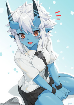 blue_background blue_body blue_skin blush bottomwear clothing ear_piercing ear_ring female hair horn necktie piercing pointy_ears prick_ears red_eyes ring_piercing shirt simple_background skirt solo topwear white_hair linreplica asian_mythology east_asian_mythology japanese_mythology mihoyo mythology zenless_zone_zero soukaku demon demon_humanoid horned_humanoid humanoid oni yokai hi_res