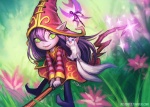 ambiguous_gender clothing dress female feral flower grass green_eyes group hat headgear headwear magic multi_tail plant purple_body solo_focus sparkles tail tall_grass justduet league_of_legends riot_games tencent lulu_(lol) pix_(lol) domestic_cat felid feline felis humanoid mammal pixie yordle