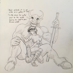 abs anthro balls biceps big_penis breasts clothing duo erection female female_on_anthro footwear genitals hooves horn human_on_anthro imminent_rape imminent_sex ink interspecies kneeling larger_male looking_at_genitalia looking_at_penis male male_on_human melee_weapon muscular muscular_male nipples pecs penis pubes sandals sex_slave shoes sitting size_difference slave smaller_female smile sword text vein weapon marsonaut european_mythology greek_mythology mythology regorest's_jungle_world bovid bovine cattle human mammal minotaur 1:1 english_text sketch traditional_media_(artwork)