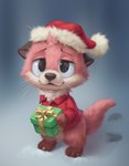 ambiguous_gender anthro barefoot black_nose bottomless brown_body brown_fur christmas_clothing christmas_headwear clothed clothing countershading feet fur gift hat headgear headwear holding_gift holding_object holidays looking_at_viewer santa_hat simple_background solo standing whiskers white_body white_fur silverfox5213 christmas vtuber chester_the_otter mammal mustelid otter 2020 digital_media_(artwork) digital_painting_(artwork) painting_(artwork)