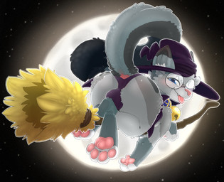 anthro bell bell_collar blep blue_collar blue_eyes blush bodily_fluids broom broom_riding bulge butt cape cleaning_tool cloak clothing collar dipstick_ears dipstick_fingers dipstick_tail dipstick_toes drooling drooling_tongue ear_markings eyewear feet femboy flying foot_focus full_moon fur glasses gold_bell grey_body hair hat headgear headwear holidays looking_at_viewer looking_back magic_user male markings moon multicolored_ears panties pawpads paws pink_nose presenting presenting_hindquarters rear_view saliva smile smiling_at_viewer smirk smirking_at_viewer solo spots star tail tail_markings teasing teasing_viewer teeth tongue tongue_out tuft underwear witch witch_costume witch_hat backsash halloween nixuelle domestic_cat egyptian_mau felid feline felis mammal 2025 digital_media_(artwork) hi_res