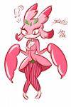 anthro bottomwear breasts claws clothed clothing dress exclamation_point eyelashes female long_ears long_eyelashes looking_at_viewer non-mammal_breasts pants question_mark red_eyes simple_background solo servaart shibeto nintendo pokemon arthropod generation_7_pokemon insect lurantis pokemon_(species) 2:3 absurd_res digital_media_(artwork) hi_res