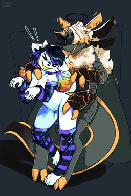 >_< anthro arm_grab black_hair bodily_fluids butt butt_grab duo exclamation_point eyes_closed female from_behind_position fur genital_fluids grabbing_from_behind hair hand_on_butt horn multicolored_hair purple_hair rainbow_hair sex vaginal_fluids white_body white_fur stercore_murum xcite_(catjamn) arthropod canid canine insect lepidopteran mammal moth 2:3 absurd_res hi_res