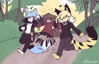:3 >_< anthro belt carrying_another chest_tuft collar eyes_closed female female_anthro forest group male male_anthro musical_note musical_symbol outside plant size_difference smile symbol tail tongue tongue_out tree trio tuft walking caeleste jayde_(caeleste) niles_(caeleste) sinclaire_(caeleste) domestic_cat felid feline felis mammal serval 2026 hi_res