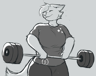 anthro bottomwear breasts clothing exercise female fur happy head_tuft holding_object pants shirt solo tail topwear tuft weightlifting workout hidenafox mammal 5:4 hi_res monochrome