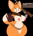 anthro big_breasts breasts clothing dialogue dialogue_box dipstick_tail female genitals gesture gloves gun hand_gesture handwear holding_gun holding_object holding_ranged_weapon holding_rifle holding_weapon kerchief markings mostly_nude multicolored_tail neckerchief neckwear nipples panties pussy ranged_weapon rifle simple_background smile solo standing stop_gesture tail tail_markings thick_thighs torn_clothing torn_panties torn_underwear transparent_background underwear weapon wide_hips azlech gunfire_reborn bandit_hermit_(gunfire_reborn) canid canine fox mammal absurd_res alpha_channel digital_drawing_(artwork) digital_media_(artwork) hi_res