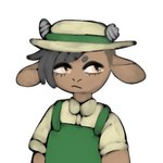 ambiguous_gender anthro broken_horn brown_body brown_fur clothed clothing collared_shirt fur green_clothing green_overalls grey_hair grey_horn hair hat headgear headwear horn orange_eyes overalls shirt short_hair simple_background solo straw_hat tan_clothing tan_shirt tan_topwear topwear white_background manitka manitka_storm bovid bovine cattle mammal 1:1 2021 digital_media_(artwork) low_res