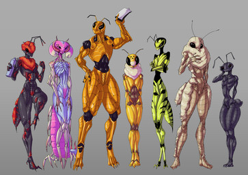 antennae_(anatomy) anthro arthropod_abdomen black_body black_eyes blue_body compound_eyes exoskeleton female green_body grey_background group mandibles muscular muscular_anthro muscular_female nude ocellis orange_body simple_background yellow_body sun_bug ant_girl_(sun_bug) bee_girl_(sun_bug) hornet_girl_(sun_bug) moth_girl_(sun_bug) scolopendra_girl_(sun_bug) velvet_ant_(sun_bug) wasp_girl_(sun_bug) ant arthropod bee hornet hymenopteran insect lepidopteran moth scolopendra velvet_ant vespid wasp absurd_res hi_res model_sheet