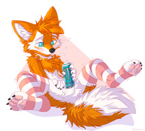 anthro blue_eyes blush blush_lines bodily_fluids clothing cum ejaculation fluffy fluffy_tail genital_fluids legwear male male/male pawpads paws raised_paw solo stockings tail acronium monster_energy youtya canid canine fox mammal hi_res