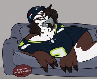 anthro beak beanie big_breasts breasts brown_body brown_eyes brown_feathers clothed clothing feathers female furniture hat headgear headwear lying non-mammal_breasts pantsless puerto_rican_flag sofa solo thick_thighs wide_hips lilfatpepper nfl seattle_seahawks accipitriform avian bird osprey hi_res