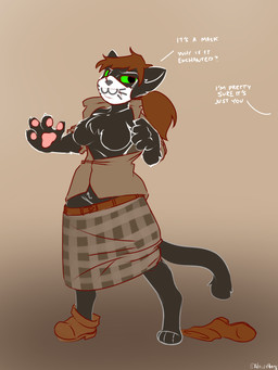 4_fingers after_transformation anthro biped black_body black_eyes black_fur bottomwear breasts brown_hair claws clothed clothing dialogue digitigrade exposed_breasts featureless_breasts female female_anthro fingers footwear front_view fur gender_transformation gradient_background green_sclera hair human_to_anthro implied_transformation kilt looking_at_another mask mtf_transformation no_pupils one_shoe_on open_clothing open_mouth open_shirt open_topwear partially_clothed partially_clothed_anthro partially_clothed_female pawpads paws pink_pawpads shirt shoes simple_background solo species_transformation spread_legs spreading standing text topwear transformation translucent translucent_clothing wearing_mask halcy0n tharkis domestic_cat felid feline felis mammal 2021 3:4 colored english_text hi_res