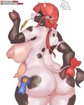 2021 4:5 accessory animal_humanoid anthro big_breasts big_butt black_and_white_fur black_body blue_ribbon bovid bovid_humanoid bovine bovine_humanoid bow_(feature) bow_accessory bow_ribbon breasts breasts_and_teats butt cattle cattle_humanoid chewing collar digital_media_(artwork) ear_piercing ear_tag eating female genitals girlsay hair hair_accessory hair_bow hair_ribbon hand_on_butt hi_res holstein_friesian_cattle hoof_hands hooves horn humanoid implied_transformation mammal mammal_humanoid nipples nude patreon patreon_logo piercing pussy red_hair ribbons solo subscribestar subscribestar_logo teats text transformation udders url white_body
