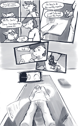 anthro dialogue door duo excited excited_expression feral machine male open_door pet_protogen reading_paper shocked solo text dread ravid_anml mr_seulis_(ravid_anml) tobias_hecaucatl_(ravid_anml) american_opossum canid canine canis mammal marsupial protogen wolf absurd_res comic english_text hi_res