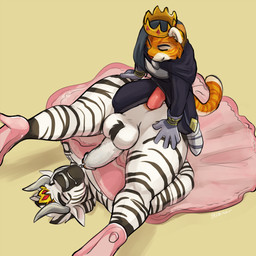 anal anal_penetration anthro anthro_on_anthro anus ball_tuft balls butt clenched_teeth clothed clothed_sex clothing crossdressing crown dress duo erection eyes_closed footwear from_front_position fur genital_piercing genitals headgear high_heels horn humanoid_genitalia humanoid_penis larger_anthro larger_male larger_penetrated male male/male male_anthro male_penetrated male_penetrating male_penetrating_male muscular_bottom no_underwear penetration penile penile_penetration penis penis_piercing piercing prince_albert_piercing sex shoes shoulder_stand simple_background size_difference smaller_anthro smaller_male smile spread_legs spreading stripes tail teeth tuft seibear tyson_(mardy) equid equine felid mammal pantherine tiger zebra 1:1 digital_media_(artwork) hi_res