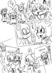 anthro black_and_white blush claws clothed clothing comic dialogue dion_(doneru) doneru erio group hair horn imp japanese_text looking_at_another male_(lore) mammal monochrome necktie ponytail punch scalie shari sketch sketchy smile tail text translated wazumi young young_anthro