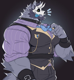 adjusting_tie anthro barazoku beard biceps black_bottomwear black_clothing black_collar black_pants black_topwear black_vest black_wristband blue_bow_tie blue_tongue bone bone_mask bottomwear bow_tie claws clothing collar facial_hair finger_claws forearm_muscles fur grey_body grey_fur grey_hair hair leather_wristband looking_at_viewer male mask muscular muscular_anthro muscular_male noticing pants pecs pinstripe_clothing pinstripe_topwear pinstripes purple_clothing purple_shirt purple_topwear shirt skull skull_mask solo tail tongue topwear vest wristband yellow_eyes juggermelon atlas_(juggermelon) canid canine canis mammal wolf 2025 hi_res