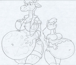 anthro belly big_belly big_breasts bottomwear breasts clothing duo female footwear fur gloves hair hand_on_belly handwear huge_belly huge_breasts jacket markings navel pants pregnant pregnant_anthro pregnant_female short shorts spots spotted_body spotted_fur thick_thighs topwear virus-20 luray_giraffe princess_aura_(virus-20) equid equine giraffe giraffid horse mammal 2020 sketch traditional_media_(artwork)