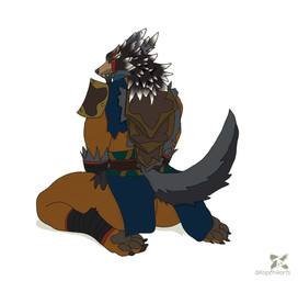 anthro armor bloodseeker_(dota) clothed clothing facial_markings feet foot_wraps fur grey_body grey_fur head_markings male markings muscular muscular_male partially_clothed paws red_eyes red_sclera sitting sitting_on_ground solo tan_body wraps kopchikarts mythology canid canine hybrid mammal mythological_canine mythological_creature werecanid werecanine werecreature werewolf hi_res