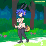 basket big_breasts blue_hair bouncing_breasts breasts bunny_costume cleavage clothed clothing container costume cuffs_(clothing) fake_ears fake_rabbit_ears female hair humanoid_pointy_ears legwear navel pointy_ears skimpy skipping solo thigh_highs wide_hips twistedgrim emi_(twistedgrim) elf humanoid 1:1 animated no_sound short_playtime webm